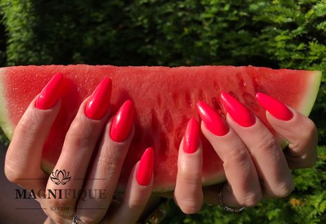 Neon red nails summer watermelon Melon Nail Color, Watermelon Colour Nails, Summer Nails Watermelon, Neon Red Nails, Watermelon Red Nails, Red Nails Summer, Nails Watermelon, Nail Purple, Summer Nails Neon