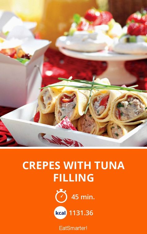 Crepes with Tuna Filling - smarter - Calories: 1131.36 kcal - Ready in: 45 mins | eatsmarter.com Chicken Broccoli Bake, Crepes Filling, Broccoli Bake, Pork Schnitzel, Crepe Recipes, Savoury Baking, Eat Smart, Culinary Recipes, Food Shows