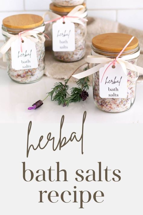 Herbal Bath Salts Recipe Homemade Bath Salts Recipe, Herbal Bath Salts, Salt Recipes, Salt Gifts, Bath Salts Recipe, Epson Salt, Bath Salts Diy, Epsom Salt Bath, Bath Recipes