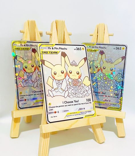 Mr & Mrs Pikachu Wedding Pokemon Trading Card Invitation Gift - Etsy Pokemon Card Invitation, Anime Wedding Invitations, Pokemon Wedding Ring, Pokemon Wedding Decorations, Pokemon Wedding Dress, Pokemon Wedding Invitations, Pokemon Wedding Theme, Mochi Wedding, Pikachu Wedding