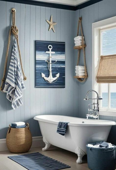 Boho Nautical Bathroom, Ocean Aesthetic Bathroom, Beach Bathroom Accessories, Ocean Bathroom, Lake House Bathroom, Deco Marine, Beach House Bathroom, Nautical Room, Nautical Bathroom Decor