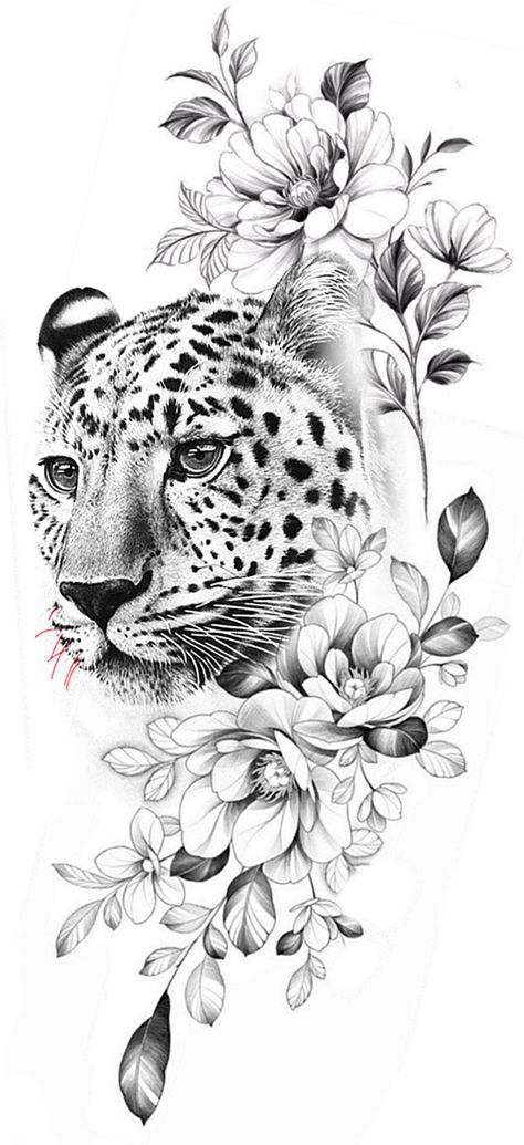 Rose And Leopard Print Tattoo, Cheetah With Flowers Tattoo, Leopard Flower Tattoo, Cheetah Tattoo For Women On Thigh, Leopard Hip Tattoo, Cheetah Tattoo For Women Sleeve, Animal Face Tattoo, Leopard Tattoo Design For Women, Floral Animal Tattoo