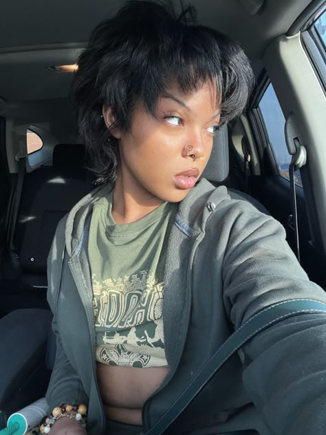 Artsy blk girl short hair tomboy cut pixie cut short mullet Short Mullet Black Women, Black Woman Mullet Hair, Pixie Mullet Black Women, Mullet Hairstyle Women Short, Girl Mullet Short, Pixie Cut On Plus Size Women, Girl Short Hair Tomboy, Black Mullet Aesthetic, Fluffy Pixie Cut Black Women