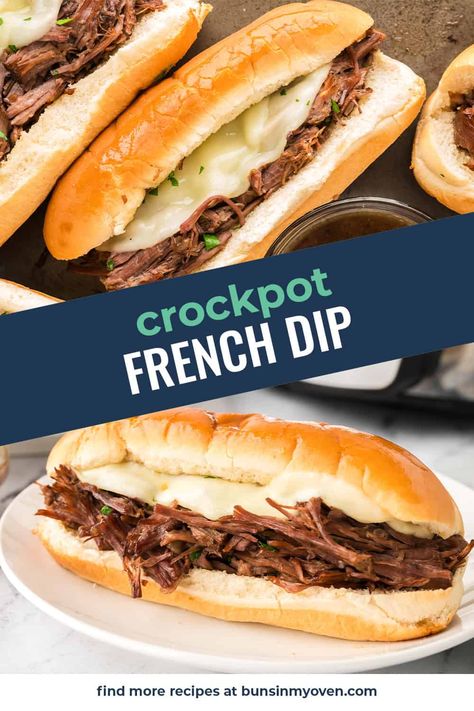 This French Dip Sandwich is one of the most popular recipes we have published! It's such an easy recipe and it's made in the crockpot. Your whole family will love this one and your house will smell amazing while these are in the slow cooker. Crockpot French Dip Sandwiches, Crockpot French Dip, French Dip Recipe, Crock Pot French Dip, Jus Sauce, French Dip Sandwich Crockpot, Slow Cooker French Dip, French Dip Recipes, French Dip Crock Pot