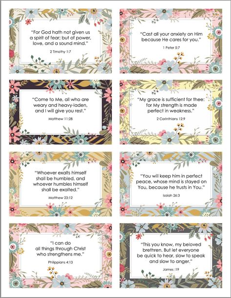 Pretty Printable Bible Memory Cards - Flanders Family Home Life Scripture Cards Printable, Free Scripture Cards, Free Scripture Printables, Marriage Retreats, Healing Verses, Printable Prayers, Spirit Of Fear, Christian Journaling, Christian Printables