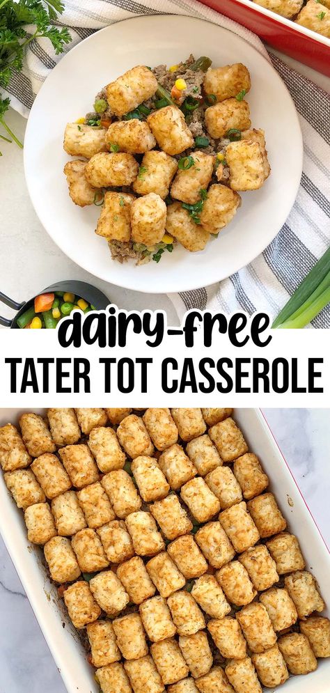 Ground Beef Casserole Recipes Dairy Free, Casserole Recipes Without Cheese, Casseroles Without Cheese, Meals Without Dairy, Easy Tater Tot Casserole, Casserole With Ground Beef, Tater Tot Casserole Recipe, Dairy Free Breastfeeding, Dairy Free Recipes Dinner