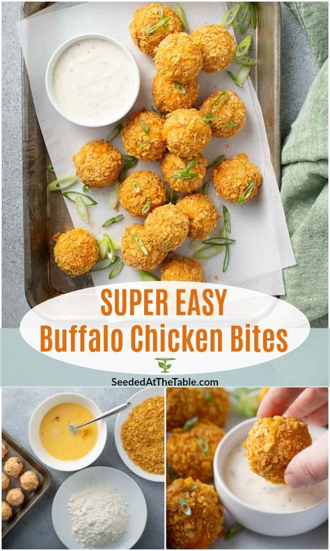 These buffalo chicken bites are an appetizer favorite!  All the flavors of buffalo chicken dip rolled into balls and baked with a crispy cornflakes coating. Buffalo Chicken Bites Baked, Chicken Bites Appetizers, Buffalo Chicken Appetizers, Shredded Buffalo Chicken, Buffalo Chicken Bites, Chicken Croquettes, Buffalo Chicken Dip Easy, Easy Buffalo Chicken, Weekend Food