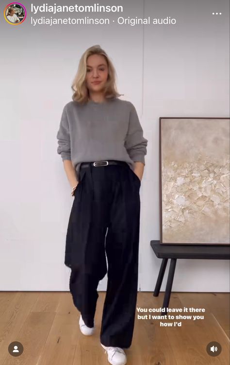 Casual Outfit With Slacks, Black Dress Pants Casual Outfit, Wide Work Pants Outfit, Winter Slacks Outfit, Black Slacks And Sweater Outfit, Sneakers And Slacks Women, Black Slacks And Sneakers Outfit, Jcrew Work Outfits Women, Japandi Clothing