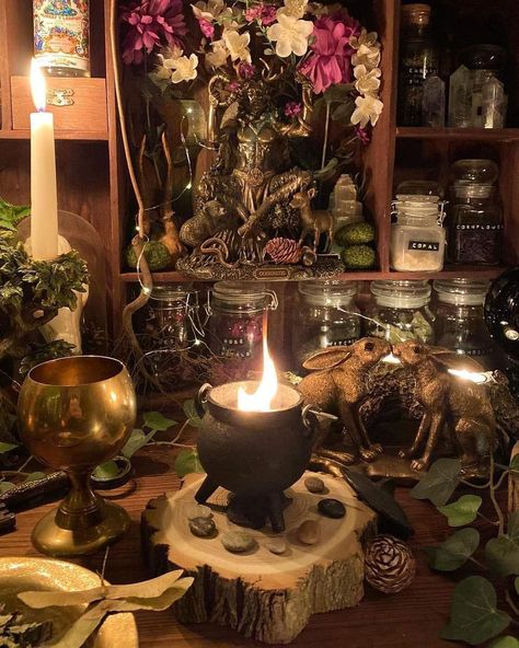 Photo by Enchanted Living on May 01, 2022. Candles Witch Aesthetic, Whimsigoth Table, Pagan Altar Aesthetic, Witch Apothecary Aesthetic, Witchcraft Aesthetic Dark, Shadow Magic Aesthetic, Healer Witch, Beltane Altar, Spell Altar