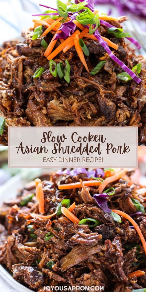 Asian Shredded Pork - easy slow cooker and crockpot dinner recipe! Pulled shredded pork cooked in Asian inspired soy based sauces. Makes for a yummy meal and great for meal prep. Serve with rice, noodles, buns and more! Asian Shredded Pork, Crockpot Asian, Asian Pulled Pork, Slow Cooker Asian, Asian Pork, Dinner Meal, Shredded Pork, Crockpot Pork, Easy Pork