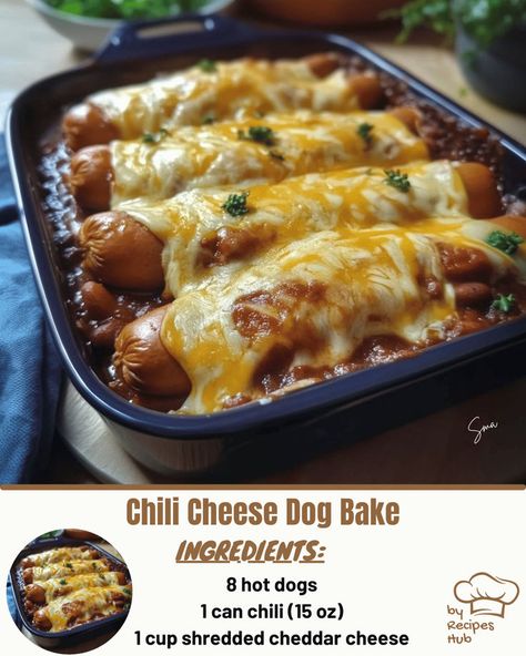 Chili Cheese Dog Bake Hot Dogs Chili, Chili Cheese Dog Bake, Chili Dog Bake, Baked Chili Cheese Dogs, Pecan Pie Bars Easy, Baked Meatloaf, Mexican Casserole Recipe, Chili Dog, Seafood Bisque