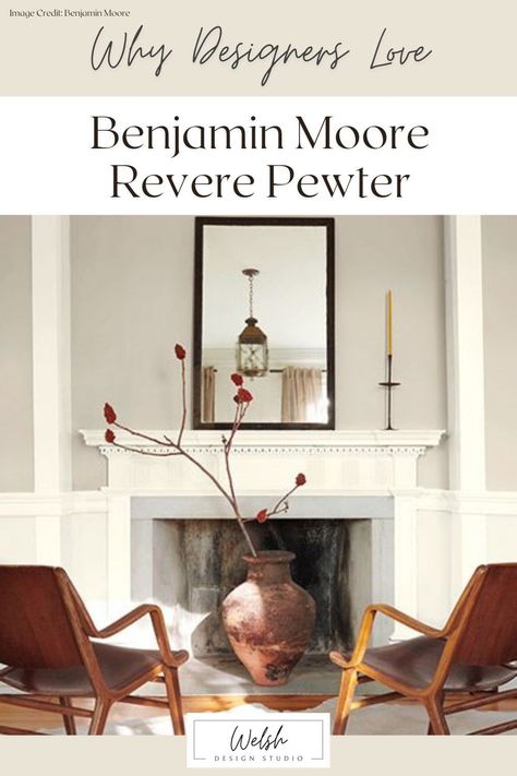 When it comes to timeless, neutral paint colors, you’ll find Benjamin Moore Revere Pewter (HC-173) at the top of any designer’s list. This flexible greige is one of Benjamin Moore’s best selling paint colors because it can be used practically anywhere, including exteriors, and works with a wide range of decorating styles. Let's try to find out why designers and homeowners love BM Revere Pewter, and which colors to pair with this popular greige. Revere Pewter Benjamin Moore, Most Popular Paint Colors, Trim Paint Color, Black Paint Color, Greige Paint Colors, Greige Paint, Blue Gray Paint, Best White Paint, Vogue Vintage