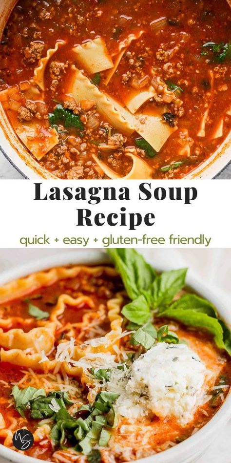 Lasagna Soup - a quick and easy recipe for making a flavorful homemade lasagna soup! Top it with our ricotta mixture and freshly grated parmesan cheese to bring even more great flavor. The whole family is going to love it! This recipe is gluten-free friendly. Lasagne Soup Recipe Vegetarian, Lasagna Soup Ricotta, Raos Lasagna Soup, Macro Friendly Lasagna Soup, Gluten Free Lasagna Soup Recipe, Gluten Free Lasagna Soup Crock Pot, Gf Lasagna Soup, Lasagna Soup Without Ricotta, Lasagna Soup Gluten Free