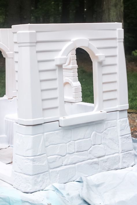 Step 2 Cottage Makeover, Step2 Playhouse Makeover, Playhouse Redo, Plastic Playhouse Makeover, Outdoor Activity For Kids, Daycare Playground, Plastic Playhouse, Playhouse Makeover, Aging Terra Cotta Pots