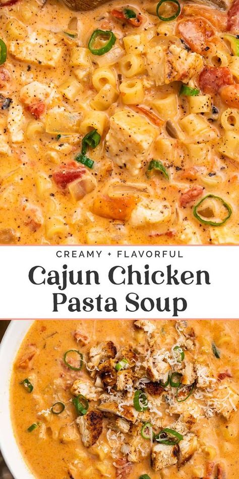 All the best parts of rich, flavorful Cajun chicken pasta, made into a filling, delicious, super creamy soup! Made in less than 30 minutes and with simple ingredients, this soup is wonderfully rich, with plenty of cream, Parmesan, and Cajun-blackened chicken. Creamy Chicken Pasta Soup Recipes, Creamy Parmesan Cajun Chicken Pasta Soup, Chicken Parmesan Soup Crockpot, Cajun Chicken Pasta Soup, Creamy Cajun Chicken Soup, Chicken Parm Soup, Chicken Pasta Soup, Pasta Soup Recipes, Creamy Cajun Chicken Pasta