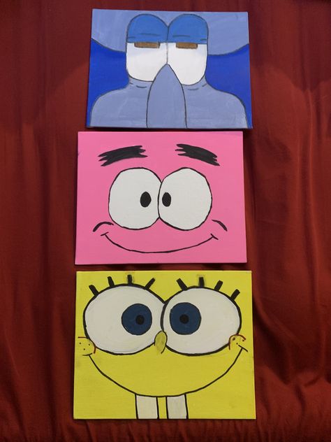 Spongebob Trio, Iconic Trios Cartoon, Spongebob Patrick And Squidward, Patrick And Squidward, Spongebob Theme, Octopus Painting, Spongebob Painting, Acrylic Paintings On Canvas, Spongebob Square