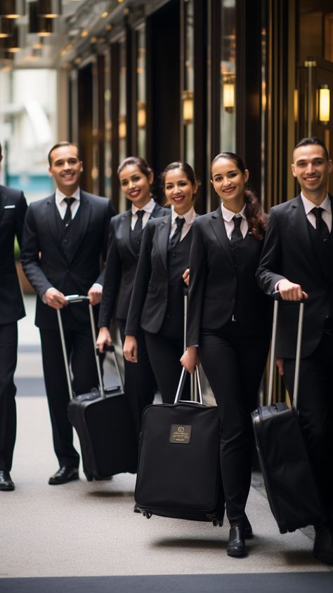 Hotel Staff Smile: A professional hotel crew confidently strides forward, smiling and ready to provide exceptional service to their guests. #hotel #staff #service #uniforms #smiling #aiart #aiphoto #stockcake ⬇️ Download and 📝 Prompt 👉 https://ayr.app/l/4Ck4 Employee Lounge, Employee Uniform, Hotel Uniform, Smile Images, Staff Uniforms, Hotel Staff, Front Office, Old Train, Hampton Inn