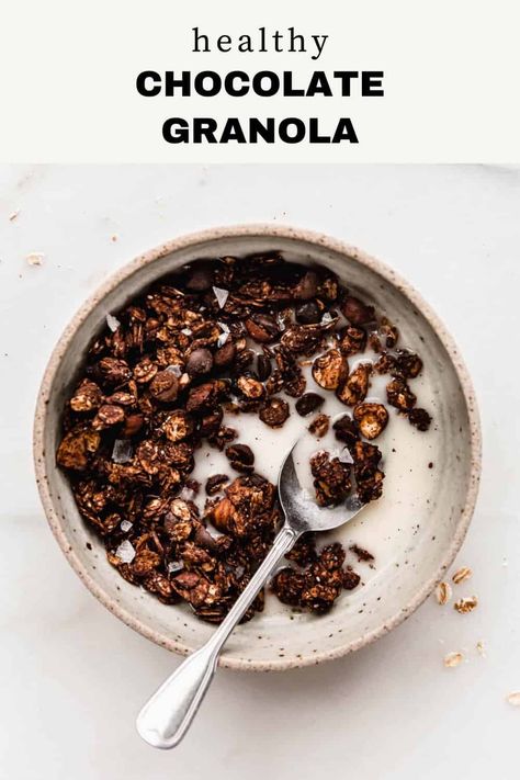 If you love chocolate then you’ll love this Healthy Chocolate Granola made with cocoa powder and dark chocolate chips. Enjoy it on its own, as a topping on yogurt or even by the handful straight from the jar. Healthy, made with whole grains, easy to make, and vegan! #granolarecipes #chocolategranola #veganrecipes #vegetarianrecipes Healthy Chocolate Granola, Homemade Chocolate Granola, Granola Recipe Healthy, Refined Sugar Free Recipes, Chia Recipe, Granola Breakfast, Chocolate Granola, Granola Healthy, Chocolate Banana Bread