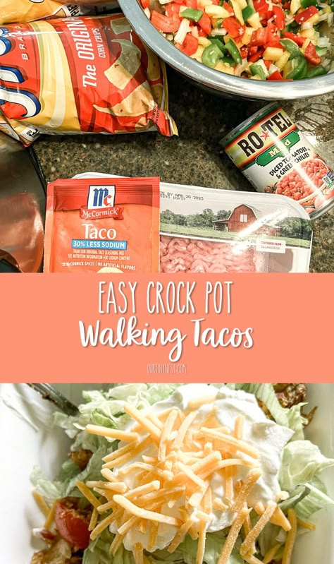 Easy crock pot walking tacos recipe Walking Tacos In Crockpot, Crock Pot Walking Tacos, Walking Taco Crockpot, Crockpot Walking Tacos With Fritos, Walking Taco Crockpot Recipe, Crockpot Walking Tacos Crock Pot, Walking Taco Casserole Crock Pot, Walking Tacos Crockpot, Walking Tacos Recipe