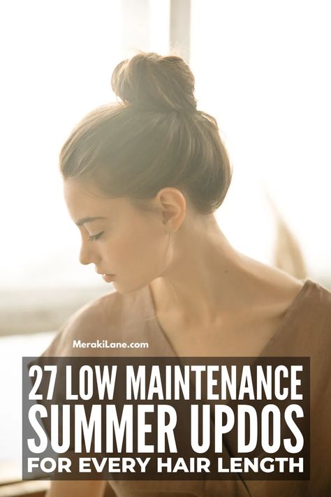 27 Low Maintenance Summer Updos for Every Hair Length | Beat the heat and stay stylish, trendy, and cute this summer! We're sharing the best easy updos for short, medium, and long hair with video tutorials showing you how to style them at home! Find your next go-to, humidity-proof and effortlessly chic hairstyle for the hot months like a sleek pony, braids, low buns, and more. These are perfect for simple and causal looks but also super easy to dress up formal for summer weddings and events! Summer Hair For Medium Length, Quick And Easy Hairstyles For Medium Length Simple Hair Tutorials, Summer Updos For Short Hair, Humid Hairstyles, Easy Updos For Medium Length Hair, Easy Hair Updos For Medium Hair, Pony Braids, Shoet Hair, Summer Updos