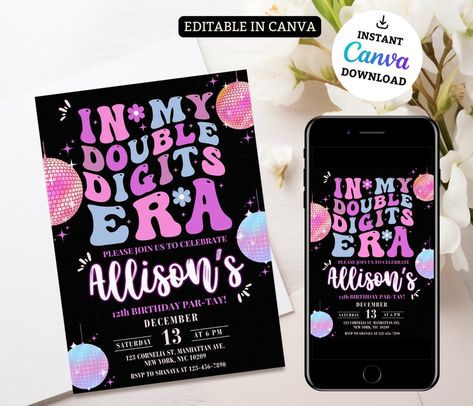 In My Double Digits Era, Eras Party Decorations, Eras Tour Party Invitation, in My Birthday Era, Double Digits Era, Self Editable Invitation - Etsy Canada Double Digits Era Party, In My Double Digits Era Party, In My Double Digits Era, Double Digits Birthday Ideas, Eras Tour Party, Eras Party, Canva App, 10th Birthday Parties, Kids Party Themes