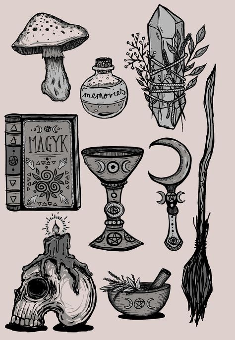 Cool Witchy Drawings, Witchcraft Aesthetic Drawing, Witchy Sketchbook Ideas, Witch Altar Shelf, Witch Stuff Drawing, Dark Witchcraft Aesthetic, Witch Aesthetic Sketch, Tattoo Flash Art Halloween, Witchcore Drawing