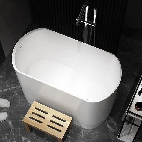 Weibath 40" Japanese Soaking Bathtub Modern Deep Oval Freestanding Tub in Matte White Stone Resin - Amazon.com Tub Remodel, Building Types, Tiny Bath, Built In Seating, Resin Design, Soaking Bathtubs, Bath Faucet, Tub Filler, Soaking Tub