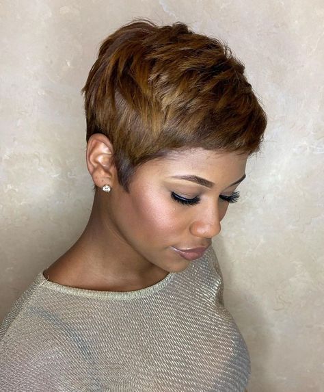 Color For Short Hair Black Women, Short Brown Pixie Haircuts, Chocolate Brown Pixie Haircut, Fall Pixie Hair Color Black Women, Ginger Pixie Cut Black Women, Mushroom Hairstyles Black Women, Brown Pixie Haircut Black Women, Brown Pixie Cut Black Women, Colored Pixie Hair Black Women