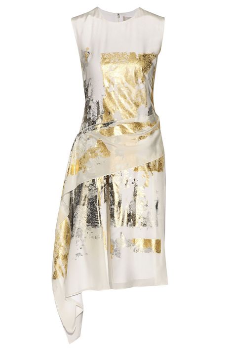 Reed Krakoff Asymmetrical Gold Foil Dress, $2,910; net-a-porter.com    - ELLE.com Foil Print Dress, White Loose Dress, El Anatsui, Foil Dress, Seamless Clothing, Foil Printing, Reed Krakoff, Silk Print Dress, Fairy Godmother