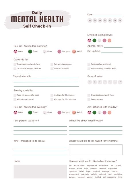 Daily Mental Health Self Check-in, PDF, Printable homeschoolplanner #pocketplanner. Different Forms Of Self Care, Daily Emotional Check In, Daily Routine For Mental Health, Daily Check In For Mental Health, Mental Check In, Daily Mental Check In, Daily Feelings Check In, Journal Check In, Self Care Check In