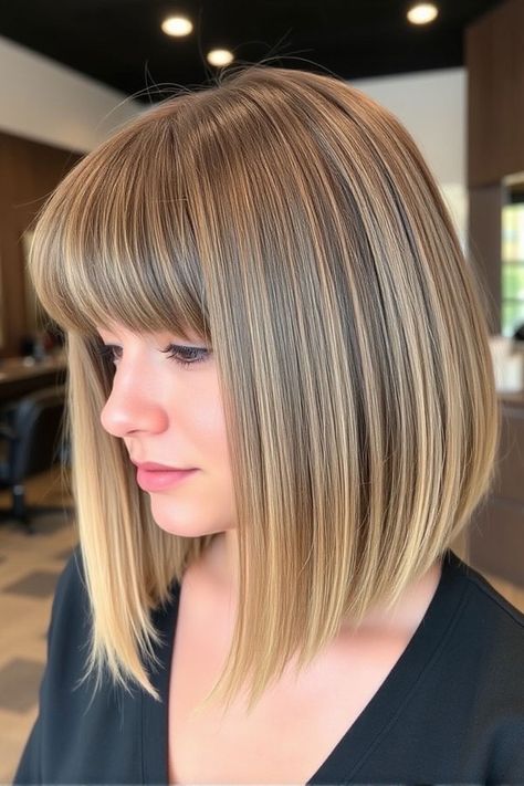 Aline Bob With Bangs, Bob With Soft Bangs, A Line Bob With Bangs, Mid Length Bob, Wavy Lob Haircut, Line Bob, Bob Bangs, Aline Bob, A Line Haircut