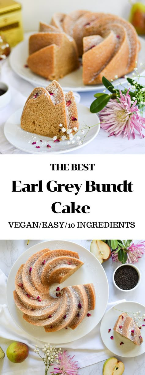 This Earl Grey and Vanilla Bundt Cake is a showstopper that requires NO decoration! The result is so moist and tender. And it only uses 10 basic vegan ingredients with simple methods. Its citrus + floral flavor comes from strong steeped Earl Grey Tea and is rounded out with a heft dose of vanilla. Delicious! #vegan #vegancake #easybaking #cake #bundtcake #veganbundtcake #holidaydessert #earlgrey #holidayrecipes #plantbased #dessert #vegandessert Vanilla Bundt Cake, Bakery Goods, Lazy Vegan, Vegan Baking Recipes, Easy Vegan Dessert, Vegan Cake Recipes, Vegan Bakery, Cake Vegan, Vegan Ingredients