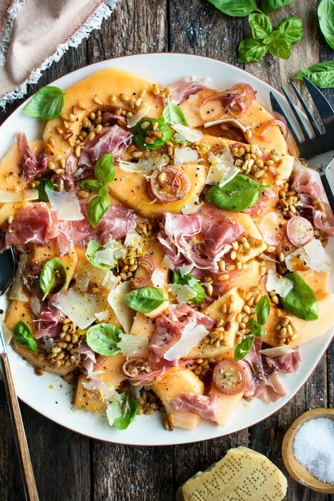 Prosciutto Appetizer, Prosciutto Melon, Summer Appetizer Recipes, The Original Dish, Melon Salad, Beach Meals, Summer Appetizer, Toasted Pine Nuts, Half Baked