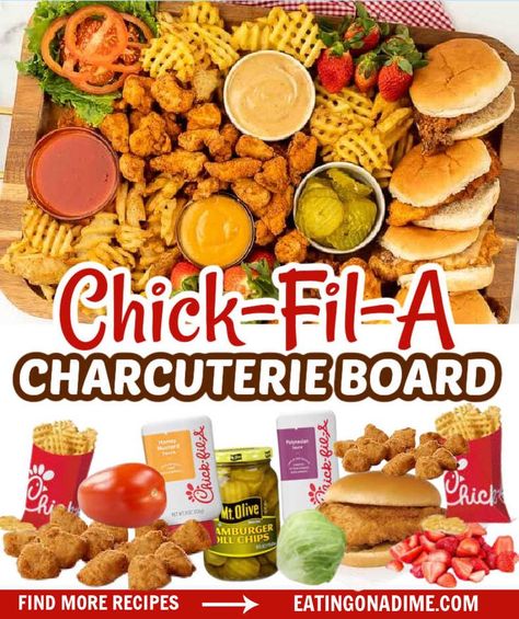 If you love Chick-Fil-A then this Chick-Fil-A Charcuterie Board is for you. This party board displays your favorite foods beautifully and makes them easy to serve! This charcuterie board is so easy to make and perfect for any occasion! #eatingonadime #chickfilarecipes #chickenrecipes #charcuterieboardrecipes Chips Charcuterie Board, Brunch Spread, A Charcuterie Board, Chick Fil A, Restaurant Recipes, Charcuterie Board, If You Love, Chicken Recipes, Dessert Recipes