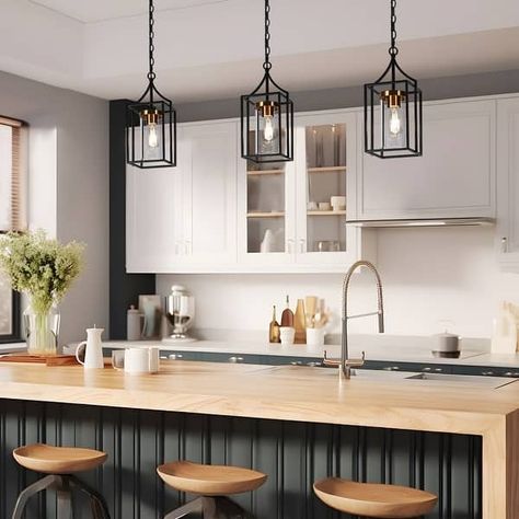 Modern Farmhouse 1-Light Lantern Pendant Lights Black Kitchen Island Lights - 7.9"Dx17.7"H - On Sale - Bed Bath & Beyond - 40013525 Pendant Lights Over Kitchen Island Modern Farmhouse, Pendant Lights Over Kitchen Island Modern, Gold Kitchen Island Lighting, Black Gold Kitchen, Gold Kitchen Island, Black Kitchen Island Lighting, Pendant Lights Black, Black Pendant Light Kitchen, Lights Over Kitchen Island