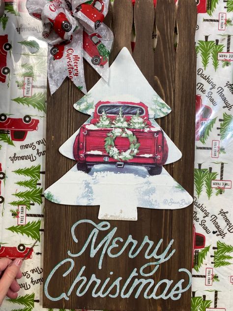 Diy Dollar store christmas truck wall Decor . Dt gift bag,Dt tree cutout,Homedepot large paint sticks.. walmart ribbon ans chalk couture merry christmas #chalkcouture #chalkcouturedesigner #dollartreecrafts #dollartreediy #dollarstorediy #dollarstorecraft #dollartreechristmasdecor #homedepot #christmas #crafts #crafting #craftymom Tree Cutout, Dollar Tree Christmas Decor, Paint Sticks, Christmas Red Truck, Snow Tree, Dollar Store Christmas, Crafty Moms, Painted Sticks, Christmas Truck