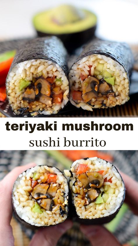 Sushi Roll Filling Ideas, Mushroom Sushi Roll, Vegan Sushi Burrito, Veggie Sushi Bowl, Beef Sushi Recipes, Sushi Meal Prep, Veggie Sushi Recipes, Sushi Platter Presentation, Sushi Recipes Vegetarian