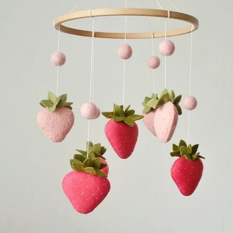 OdarkaDecor - Etsy Strawberry Nursery Theme, Strawberry Mobile, Felt Ball Mobile, Mobile Garden, Pink Baby Mobile, Flamingo Nursery Decor, Fruit Baby, Strawberry Decor