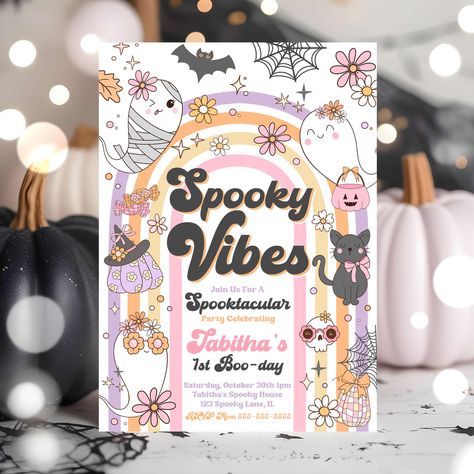 Celebrate your little's spooktacular birthday with these adorable ghost inspired Halloween birthday invitations. HERE: https://www.etsy.com/listing/1771876119 #halloweenpartyideas #halloweenpartyinvites #halloweenparty #halloweenbirthdayparty #halloweeninvitation #halloweeninvites #halloweenthemedparty #kidshalloween #kidshalloweenpartyideas #kidshalloweeninvitation #halloweenpartyinvite #digitalhalloweeninvite #halloweeninvitations Ghost Birthday Party, Rainbow Ghost, Ghost Birthday, Groovy Rainbow, Halloween Birthday Party Invitations, Cocktails Party, Hippie Halloween, Love Website, Spooky House