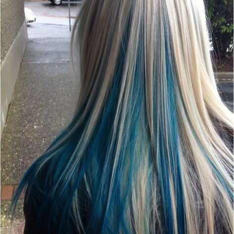 Emo Hair Highlights, Blonde Hair With Navy Blue Highlights, Blonde Hair Blue Underlayer, Blue And Blonde Hair Aesthetic, Blue And Green Streaks In Hair, Blue Under Blonde Hair, Blonde Hair With Turquoise Highlights, Blonde Hair Brunette Underneath, Black Blue And Blonde Hair