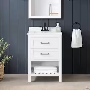 Autumn 24 in. W x 19 in. D x 34.5 in. H Single Sink Bath Vanity in White with White Engineered Stone Top Autumn Bathroom, Home Depot Vanity, Transitional Style Bathroom, Single Sink Bathroom Vanities, Small White Bathrooms, Engineered Stone Countertops, Stone Countertop, Small Bathroom Vanities, Vanity Room