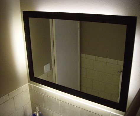 DIY custom back-lit mirror Bathroom Mirror Ideas Diy, Large Bathroom Mirror, Bathroom Mirror Ideas, Backlit Bathroom Mirror, Lit Mirror, Mirror Decor Ideas, Large Bathroom Mirrors, Custom Mirror, Backlit Mirror