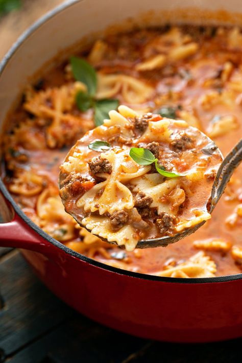 Lasagna Soup | My Baking Addiction Lasagna Soup Bowtie Pasta, Bow Tie Soup Recipes, Crockpot Pasta Soup Recipes, Lasagna Soup With Bow Tie Pasta, Bowtie Pasta Soup, Chicken Lasagna Soup Recipes, Ground Beef Pasta Soup, Lasange Recipe Soup, Beef Pasta Soup