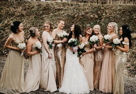 Gold Tones Bridesmaid Dresses, Gold Tone Bridesmaid Dresses, Gold Bridesmaid Dresses Mismatched, Green And Gold Bridesmaid Dresses, Gold Bridesmaids Dresses, Nude Bridesmaid Dresses, Brown Bridesmaid Dresses, White Bouquets, Weddings Idea