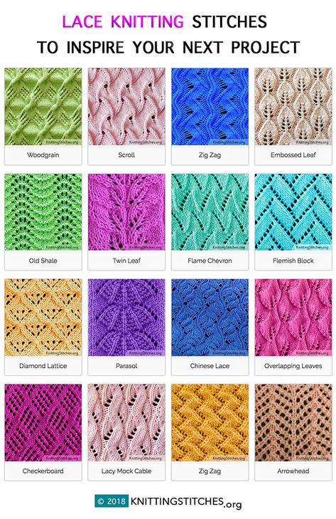 20 Featured Eyelet and Lace Stitches - Knitting Stitches Knit Stitch Patterns Free Charts, Knit Patterns Free, Lace Knitting Stitches, Knitting Stitches Tutorial, Easy Knitting Projects, Knitting Basics, Beginner Knitting Patterns, Loom Knitting Patterns, Knitted Lace