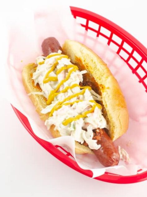 How To Make Southern Hot Dog Slaw - Smart Savvy Living Hot Dog Slaw, Hot Dog Slaw Recipe, Specialty Burgers, Slaw Dog, Best Coleslaw Recipe, Southern Deviled Eggs, Cold Side Dishes, Coleslaw Recipes, Corndog Recipe