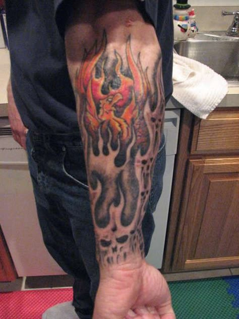 Hand Tattoos Pictures, Egyptian Tattoo Sleeve, Skull Hand Tattoo, Biker Tattoos, Flame Tattoos, Forearm Tattoo Design, Fire Tattoo, Tattoo Arm, Hand Tattoos For Guys