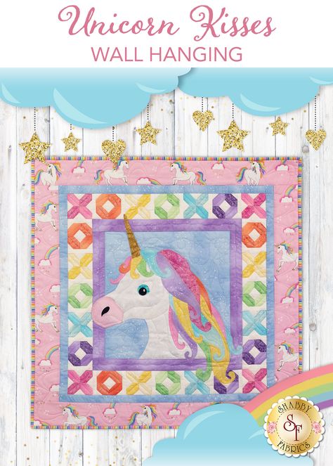 This is the COMPLETED PROJECT as shown in the picture.Inspire your favorite child to dream and embrace their imagination with this magical quilt designed by Heidi Pridemore and recolored by Shabby Fabrics. All the little ones in your life will love the glitter throughout the project. The "XOXO" pieced border ensures they always know how much you love them!Wall Hanging measures approximately 32" x 32”.Discounts and Coupons (including Birthday coupons) cannot be used on Sample Quilts. Loyalt Unicorn Sewing, Unicorn Wall Hanging, Flower Wall Hanging Decor, Diy Paper Wall Hanging, Quilt Animals, Unicorn Quilt, Wall Hanging Ideas, Panel Ideas, Black And White Quilts