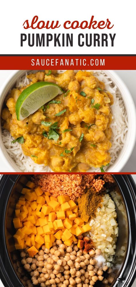 Vegan Recipes Slow Cooker, Slowcooker Fall Recipes, Slow Cooker Pumpkin Curry, Indian Food Crockpot Recipes, Slow Cooker Pumpkin Recipes, Slow Cooker Indian Curry, Pumpkin Slow Cooker Recipes, Vegan Fall Recipes Dinners, Pumpkin Crockpot Recipes