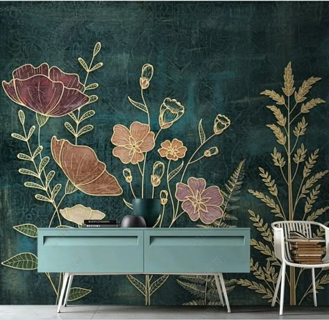 3D Flowers and Leaves With Plants Wallpaper Wall Murals Home Decor - Etsy Boho Graffiti Art, Wall Mural Botanical, Boho Wall Murals Painted Floral, Vine Mural Wall, Colorful Wall Mural Interiors, Gothic Wall Mural, Floral Wall Design, Hand Painted Floral Wall Mural, Greenery Mural